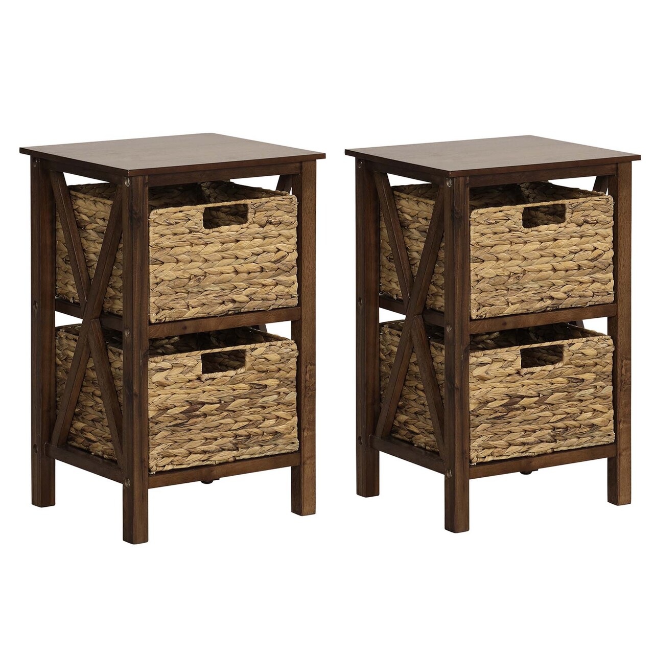 Costway 1/2 PCS 2-Tier Nightstand with 2 Seagrass Baskets Rubber Wood X-Shaped Frames 2 Drawers